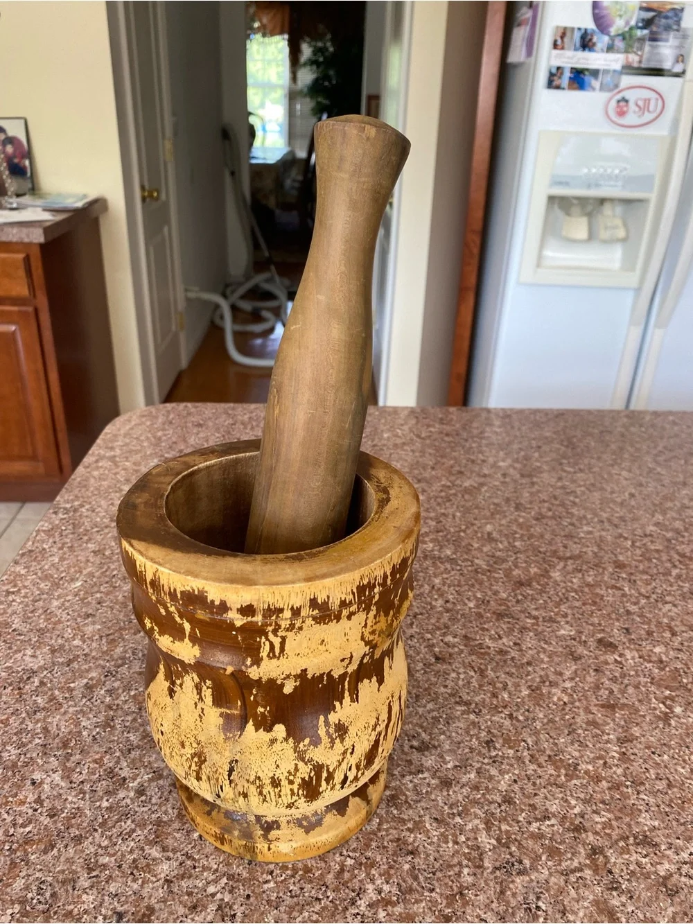 Rustic Wooden Mortar and Pestle with Distressed Yellow Finish